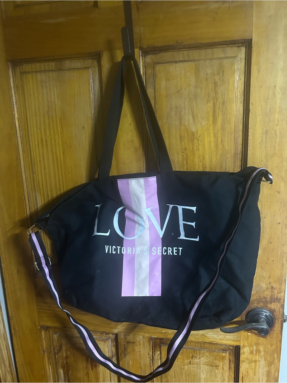 Victoria's Secret Black Tote with Pink & Cream Stripe